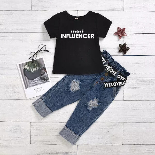 Completo Bimba bambina Maglia t shirt bero pantaloni lunghi jeans denim  B095