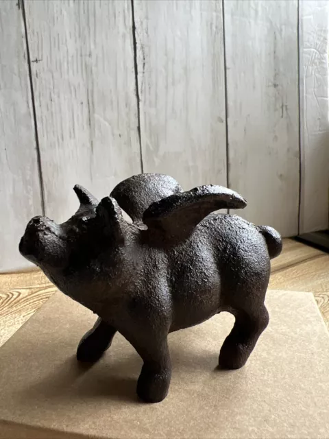 Small Cast Iron Flying Pig Figurine Rustic Statue Paperweight Garden Decor Brown