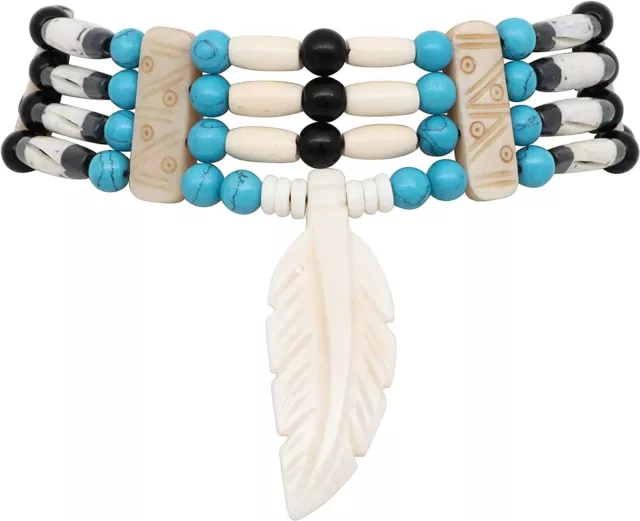 Choker Necklace Buffalo Bone 4 Row Hairpipe Feather Native American Style