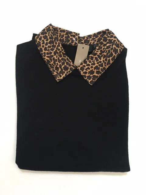 NWT JCrew Tippi Merino Wool Sweater with Leopard Print Collar Black XXS