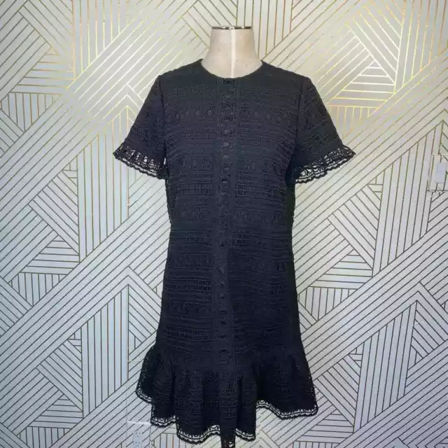 Kate Spade Black Lace Crochet Ruffle Hem Short Sleeve Party Dress Size Small