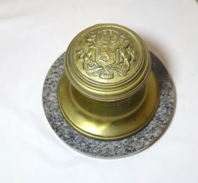 LARGE antique British coat of arms gilt bronze brass marble writing desk inkwell