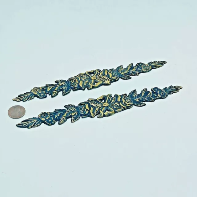 2 Vintage Ornate Floral Rose Ribbon Back Plate Brass Cottagecore  7 3/4"