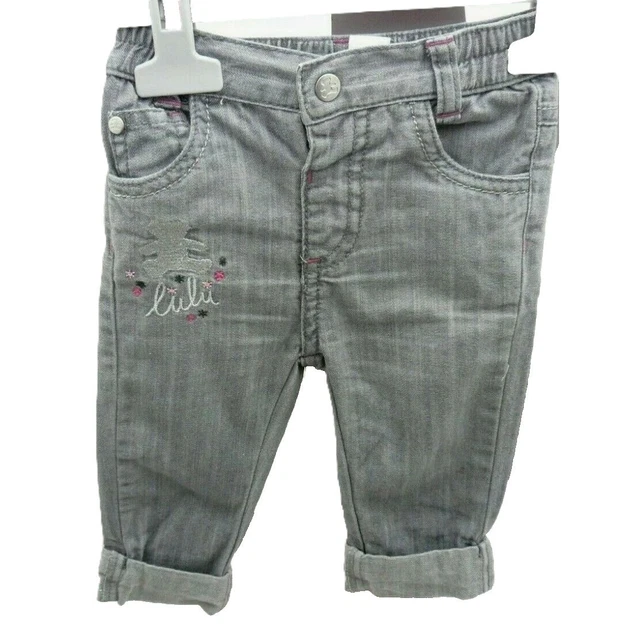 Jean Cargo Bébé Fille - Tailles 6, 9, 12 Mois - Bleu Avec Fleurs Et Revers Roses - 100% Coton - Neuf Avec étiquettes
