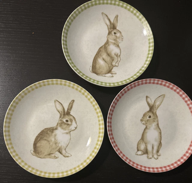 Lot (3) 222 Fifth Bunny Land Appetizer Plates Gingham Checked Border 6 1/2"