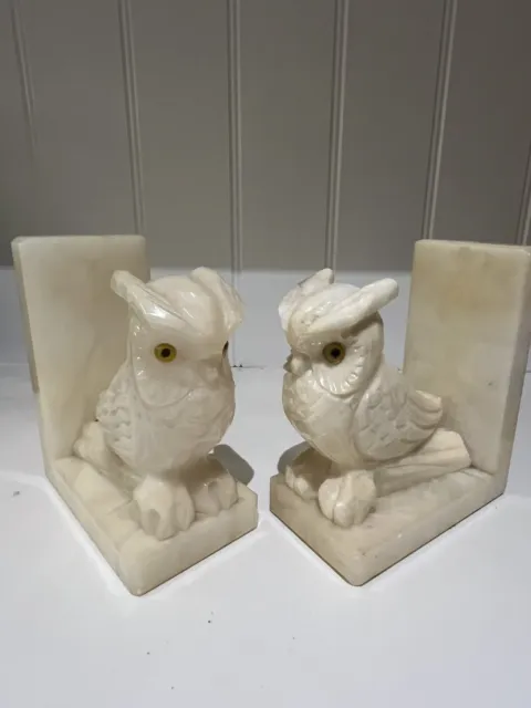 Owl Bookends, Pair, Cream Onyx