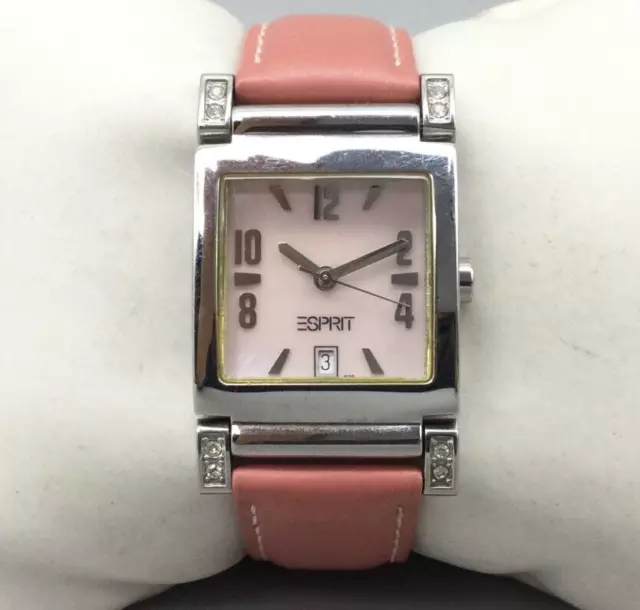 Esprit Watch Women Silver Tone Tank MOP Date Pink Leather Band New Battery