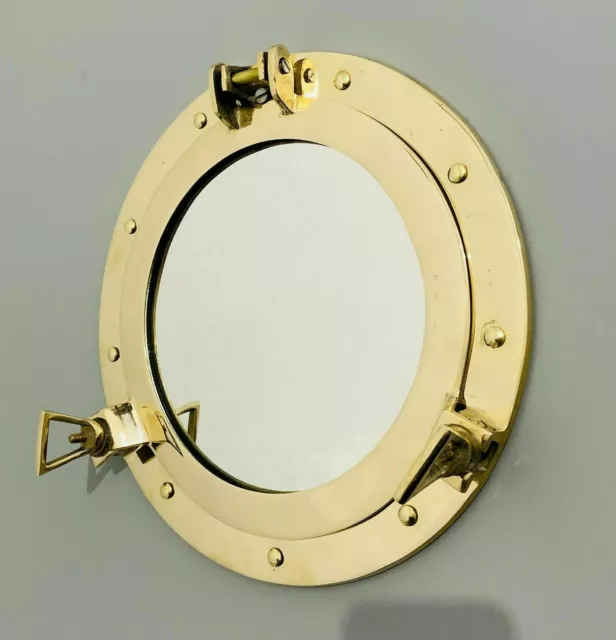 12" Antique Brass Finish Porthole Mirror ~ Nautical Maritime Wall Decor ~ Window