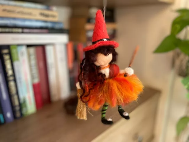Handmade Needle Felted  Halloween Witch Wicked Fairy  Art Orange Wool OOAK
