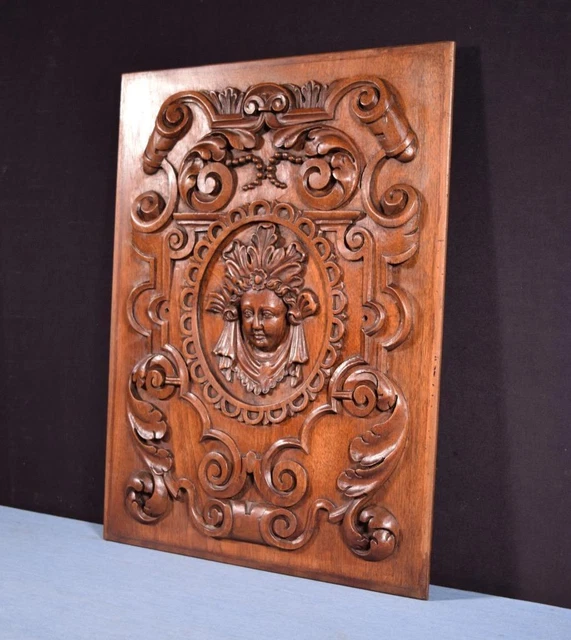 *French Antique Hand Carved Architectural Door Panel Walnut Wood with Face 2