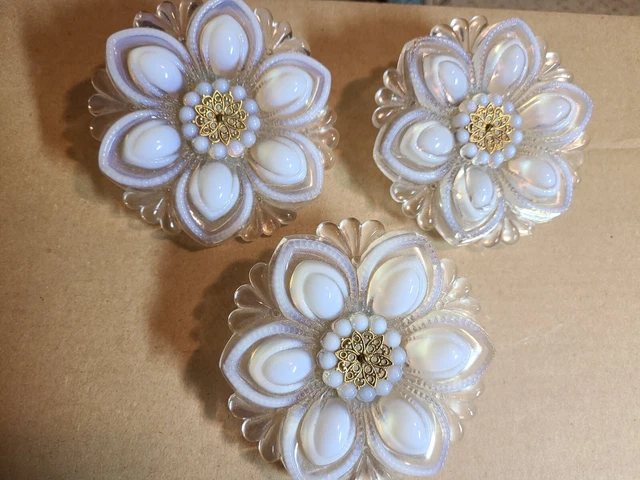 3 Victorian Opalescent Flower Milk Glass Curtain Tiebacks? Boston Sandwich Glass