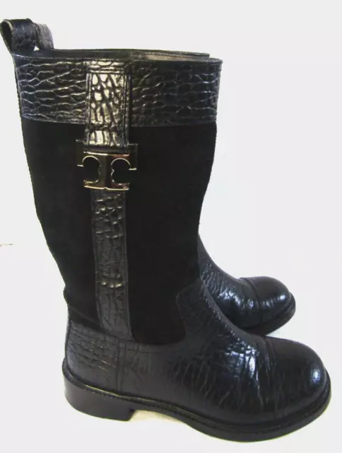 EUC Tory Burch Corey Black Leather & Suede Riding Style Mid-Calf Boots Size 5 M