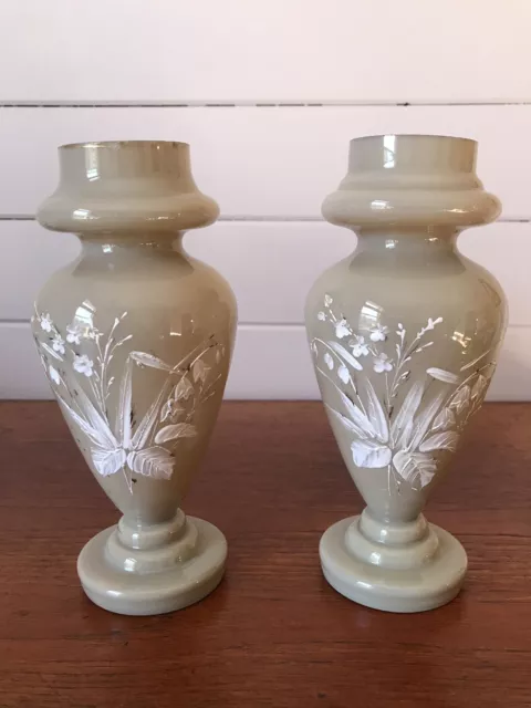 Pair Of Victorian Vintage Hand Blown Hand Painted Glass Floral Vases