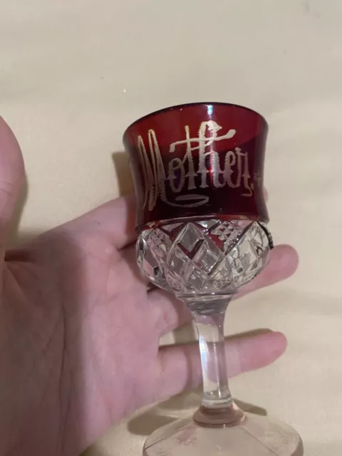 Antique Mother's Day Ruby Red Souvenir Cup Stemmed Etched Glass Marked 1910