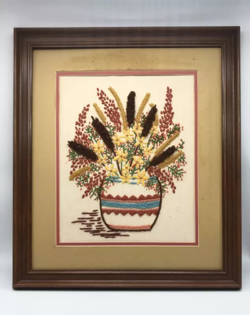 VTG Crewel Embroidery Framed Art Floral Striped Vase Daisy Flowers Wheat Catails