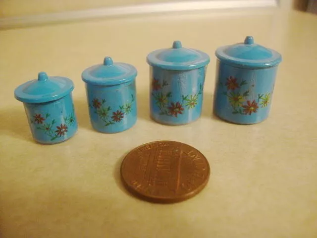 Vintage Miniature Dollhouse Kitchen Canister Set 4 Matching Blue Flowers w Lids!