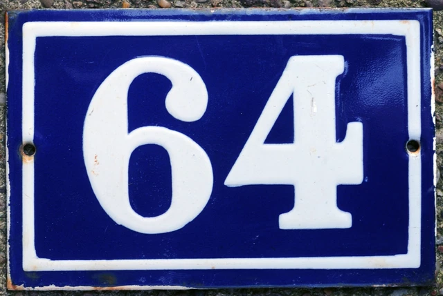 Old blue French house number 64 door gate wall fence street sign plate plaque
