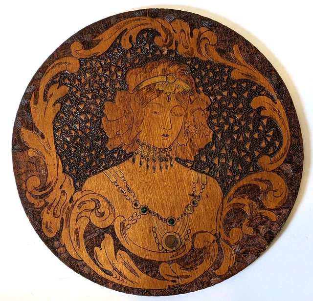 Antique Alphonse Mucha Inspired Carved & Jeweled Pyrography Wall Plaque 18"