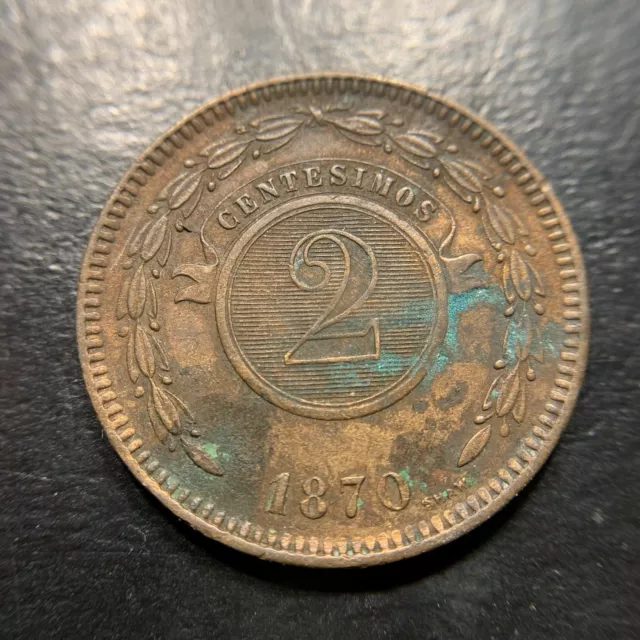 1870 Republica del Paraguay 2 Centesimos AU About Uncirculated Rare World Coin