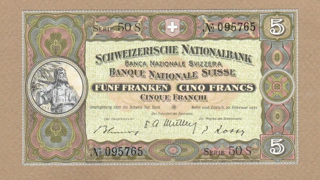 SWITZERLAND: 5 Franken Banknote,(UNC),P-11o, 22.02.1951, No Reserve!