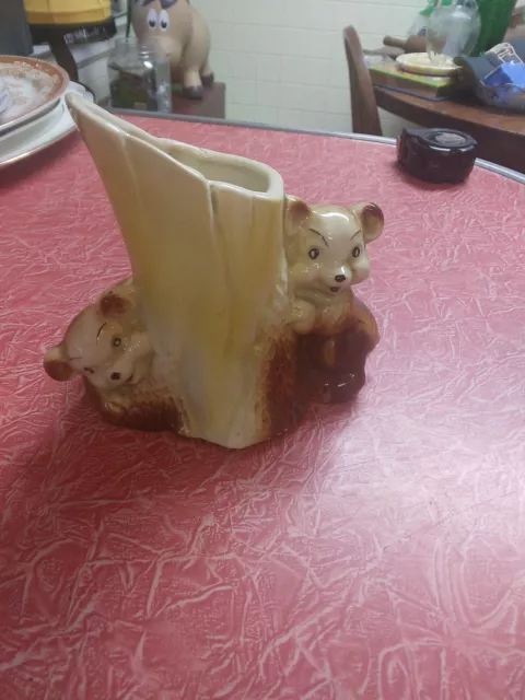 McCoy Vintage Planter Vase Pottery Ceramic Bear Cubs Tree Stump MCM