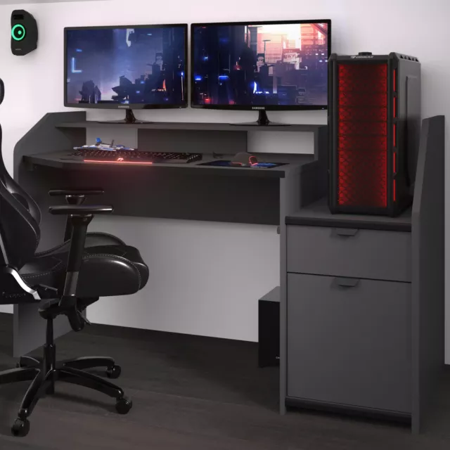 Grey Gaming Desk, Setup Wooden Medium Desk with Storage Shelves