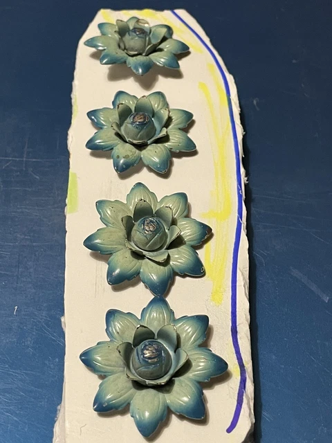 Vintage BLUE Metal 3D FLOWER CURTAIN PIN BACKS TIE BACKS PUSH PINS Set Of 4