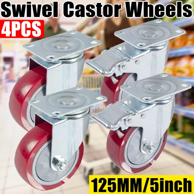 4X 5" Heavy Duty PU Swivel Castor Wheels 800KG Trolley Furniture Caster 2 Brake