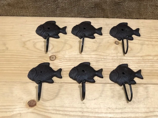 6 Cast Iron Fish Coat Hooks Towel Bath Nautical Hat Hall Tree Fishing Rustic