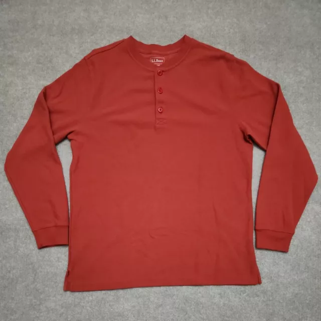 LL Bean Slim Fit Waffle Knit Thermal Henley Mens L Burgundy Crew Neck Long Sleev