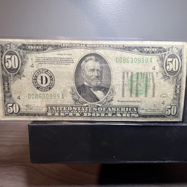 1934 $50 FRN Federal Reserve Note Green Seal Note Bill Repeat Serial Number 999