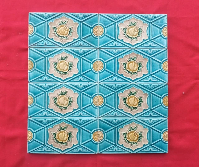 8 Piece Lot Old Art Flower Design Embossed Majolica Ceramic Tiles Japan 0193