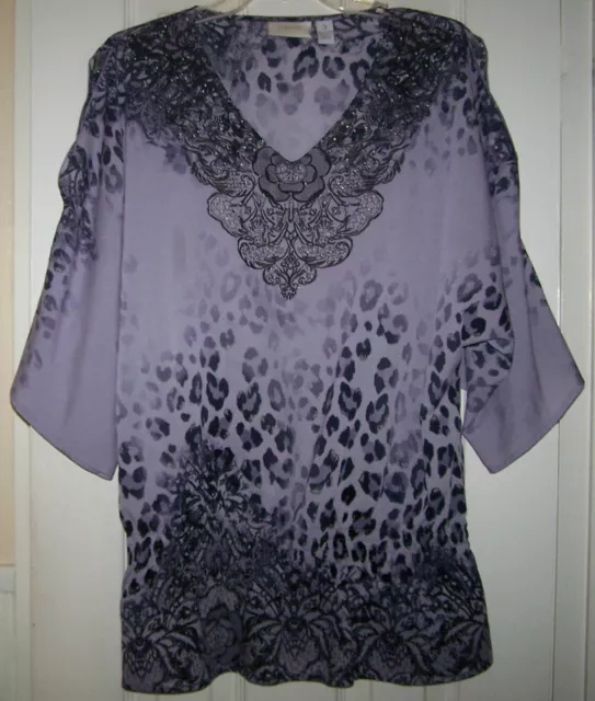 Chico's size 3 (US XL) Lavender Embroidered Tunic Top Blouse  Slit Dolman Sleeve
