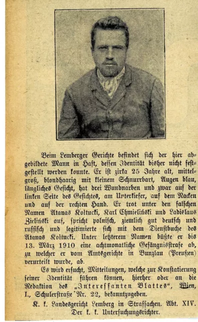 Unbekannter mit falschen Namen beim Lemberger Gericht in Haft * 1910