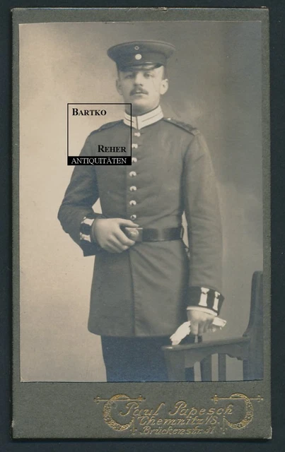 Foto ca. 1900 Chemnitz Garde - Soldat in Uniform mit Schirmmütze