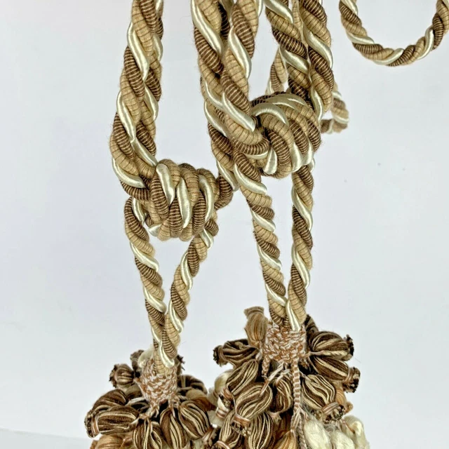 Set 2 Large Drapery Curtain Braided Tie Backs with Tassels Brown Taupe Pompoms 9