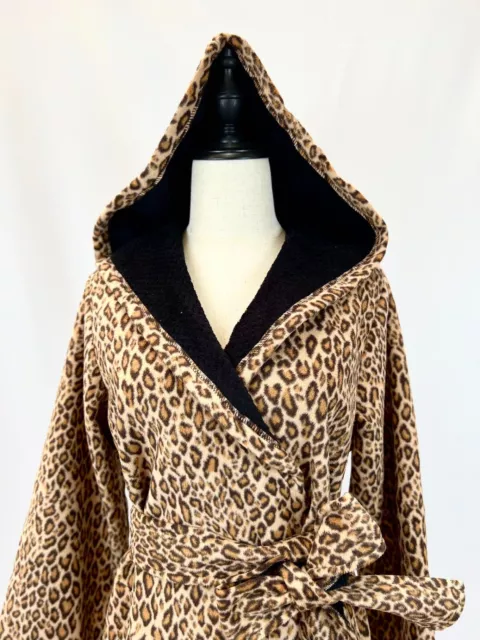 Women Leopard Print Black Hooded Bathrobe Dressing Gown Bath Robe with Pockets