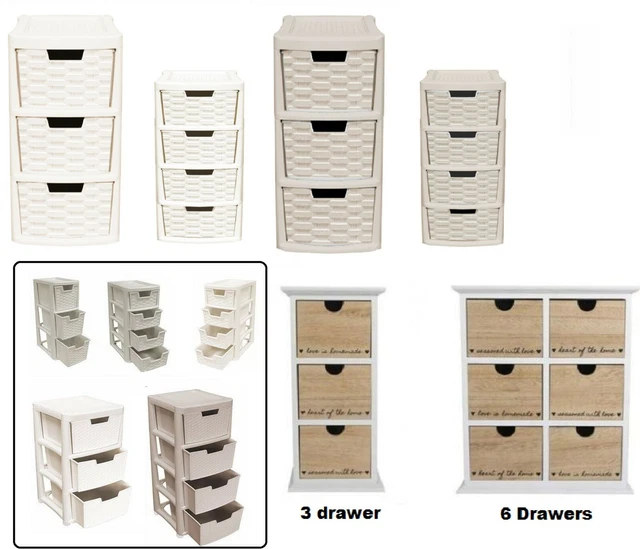 PLASTIC RATTAN DRAWER & MDF Wooden Storage Drawers Tower Unit Mini