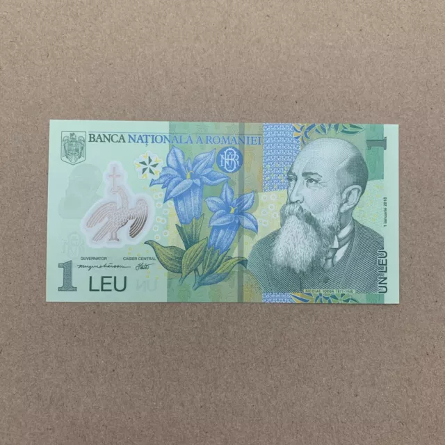 Romania 1 LEI 2018 ( 2022 ) POLYMER Banknote Eagle Flower Cu Romanian Money NOTE