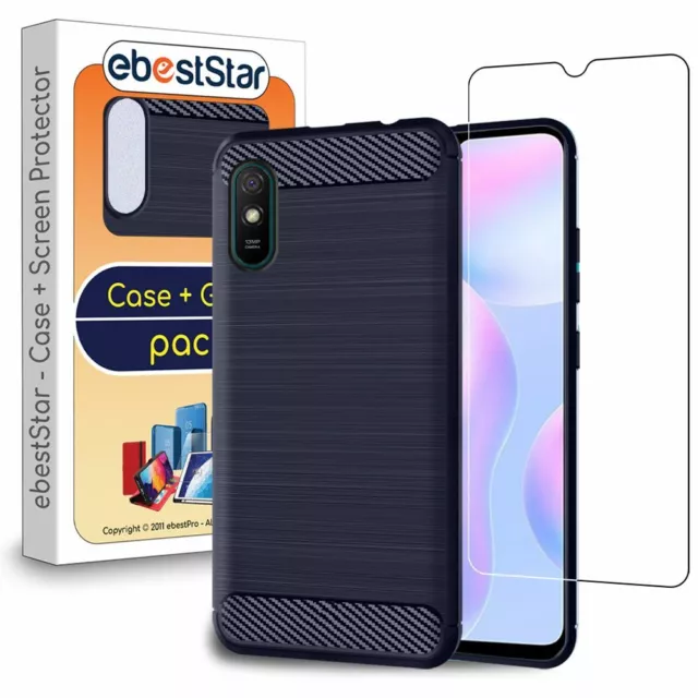 Coque Xiaomi Redmi 9A Gel Housse Motif Fibre Carbone + VERRE Trempé, Bleu Foncé