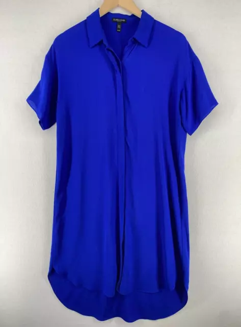 EILEEN FISHER Dress PS Silk Georgette Crepe Shirt Button Front Short Sleeve Blue