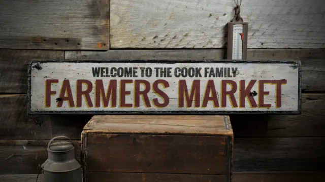 Farmers Market, Welcome Family Name - Rustic Distressed Wood Sign