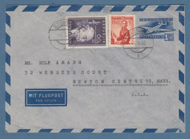 Österreich 1950 Aerogramm mit ZF Mi.-Nr. 951 und 917 O MAISHOFEN in die USA