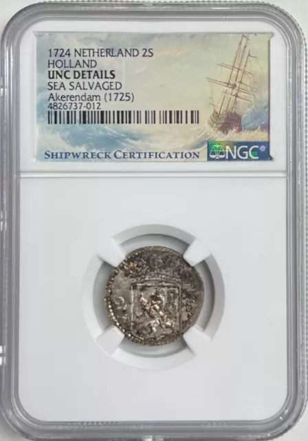 1724 Netherlands 2 Stuivers Akerendam Shipwreck NGC UNC Details Holland Silver