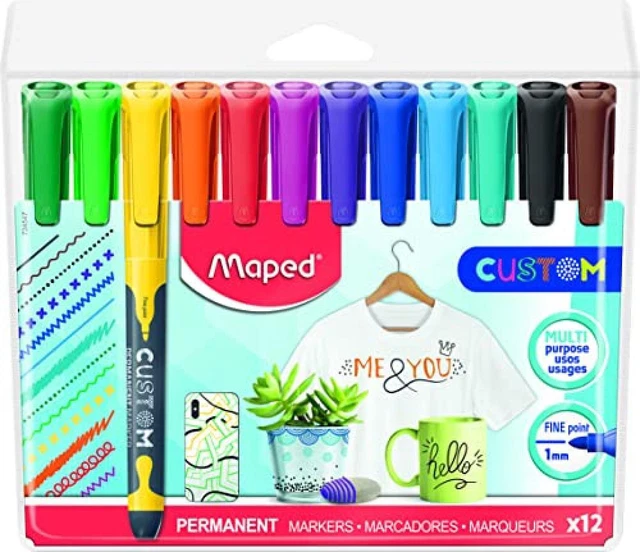 Maped Custom – Pennarello indelebile sottile, confezione da 12, colori assorti