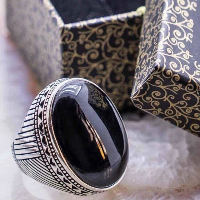 Big Black Onyx Stone Men's Sterling Silver Ring Turkish MAN rİNGS