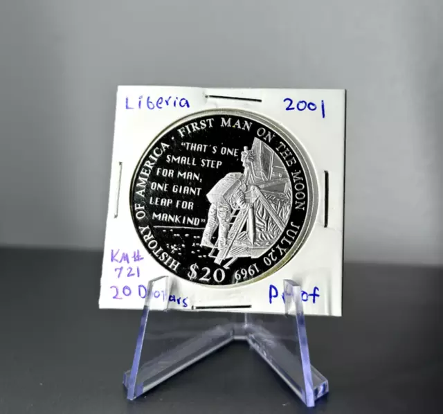 Republic of Liberia Silver Coin 2001 20 Dollars First Man On The Moon .999 Fine