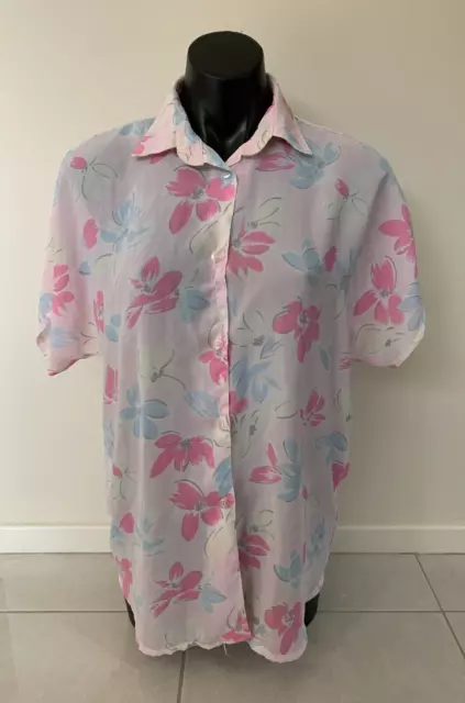 KATIES Womens Short Sleeve Retro Pink Floral Shirt Blouse Size 12 Aust. Made