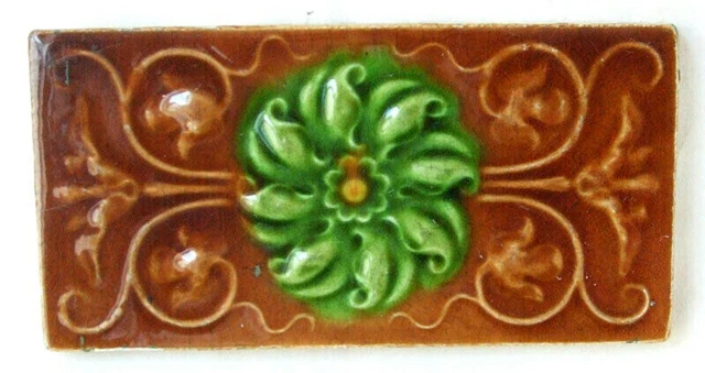 Original 6" x 3" Antique Green & Amber Moulded Majolica Floral Tile in Relief
