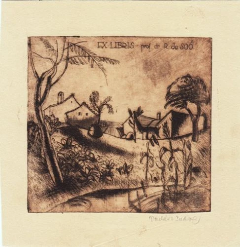 Exlibris Bookplate Radierung Endre Vadsz 1901-1944 Häuser Bach